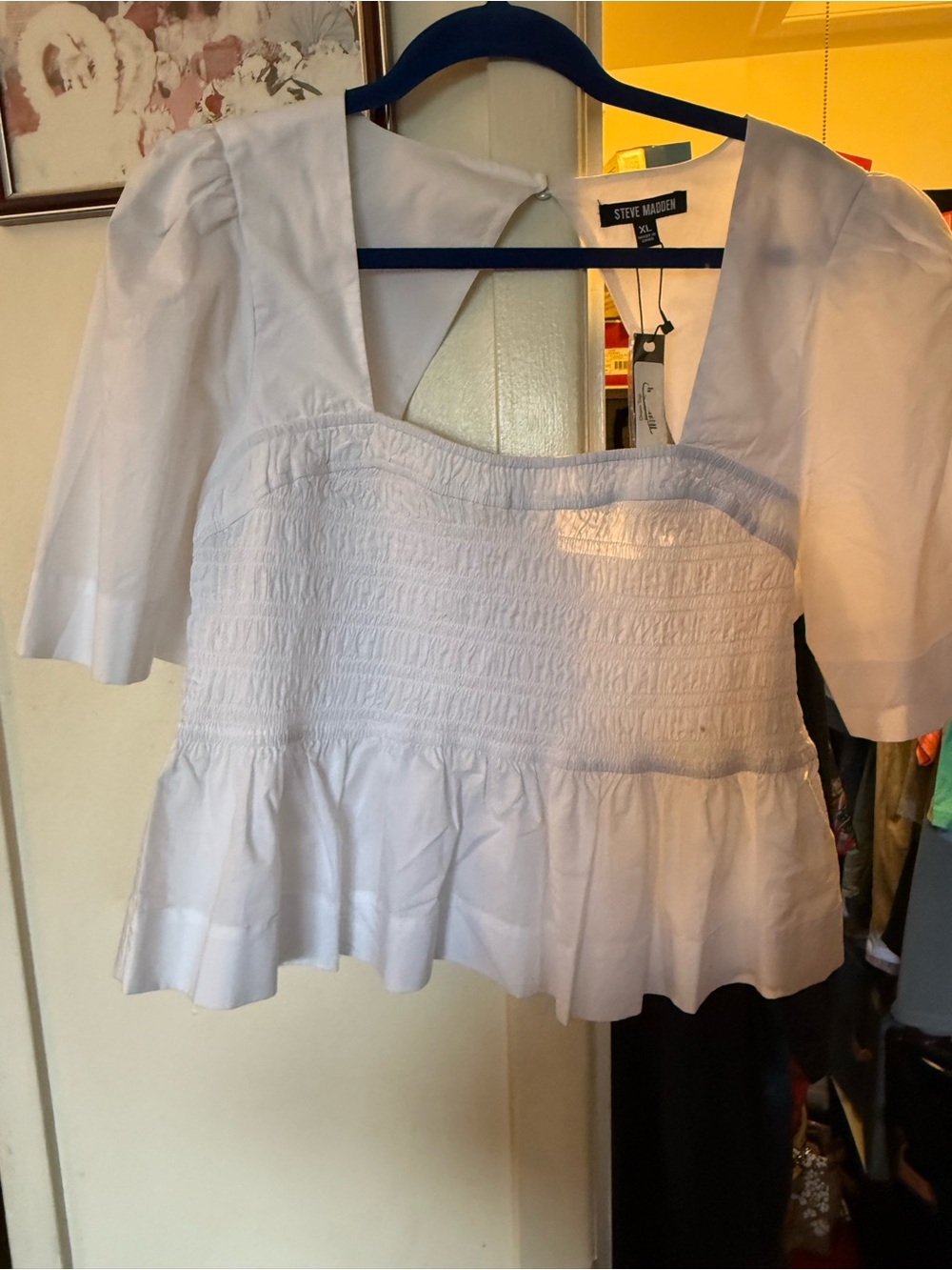 Steve Madden White Smocked Peplum Top with Square Neck